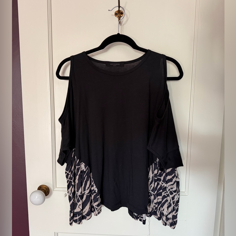 All Saints Black Cold-Shoulder Tshirt with Patterned Panels